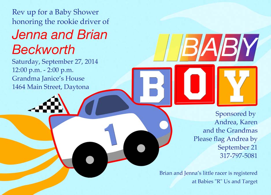 Race Car baby shower invitation in blue 