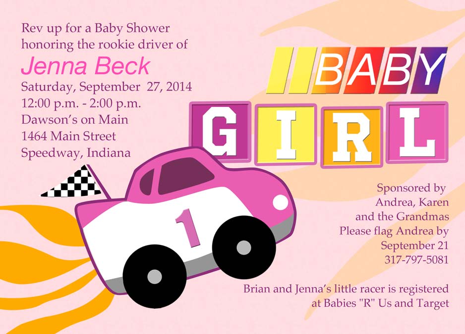 Pink race car baby shower invitation for girl