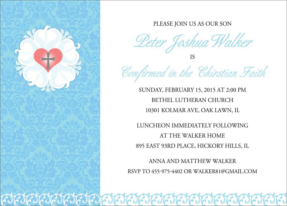 blue Demetrios luthers rose confirmation invitation in blue
